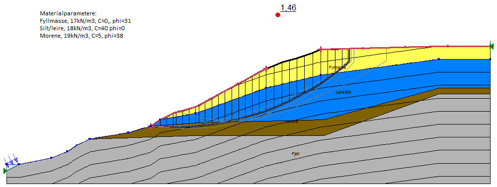 Figur 3. Stabilitetsberegning utført i Slope/W 3. Fundamentering 3.1 Setningsestimat Massene antas å være generelt lite setningsømfintlige.