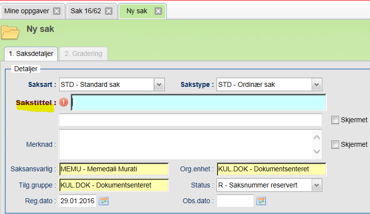 Lage en ny sak OBS! Følg alt som er markert med gul farge Du kan registrere en ny sak ved å klikke Ny sak under Sak i navigeringsområdet.