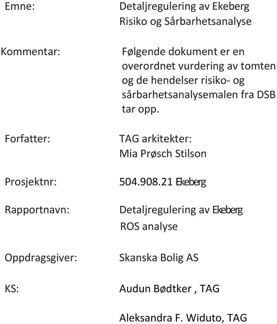 risiko og sårbarhetsanalysemalen fra DSB tar opp. TAG arkitekter: Mia Prøsch Stilson 504.908.