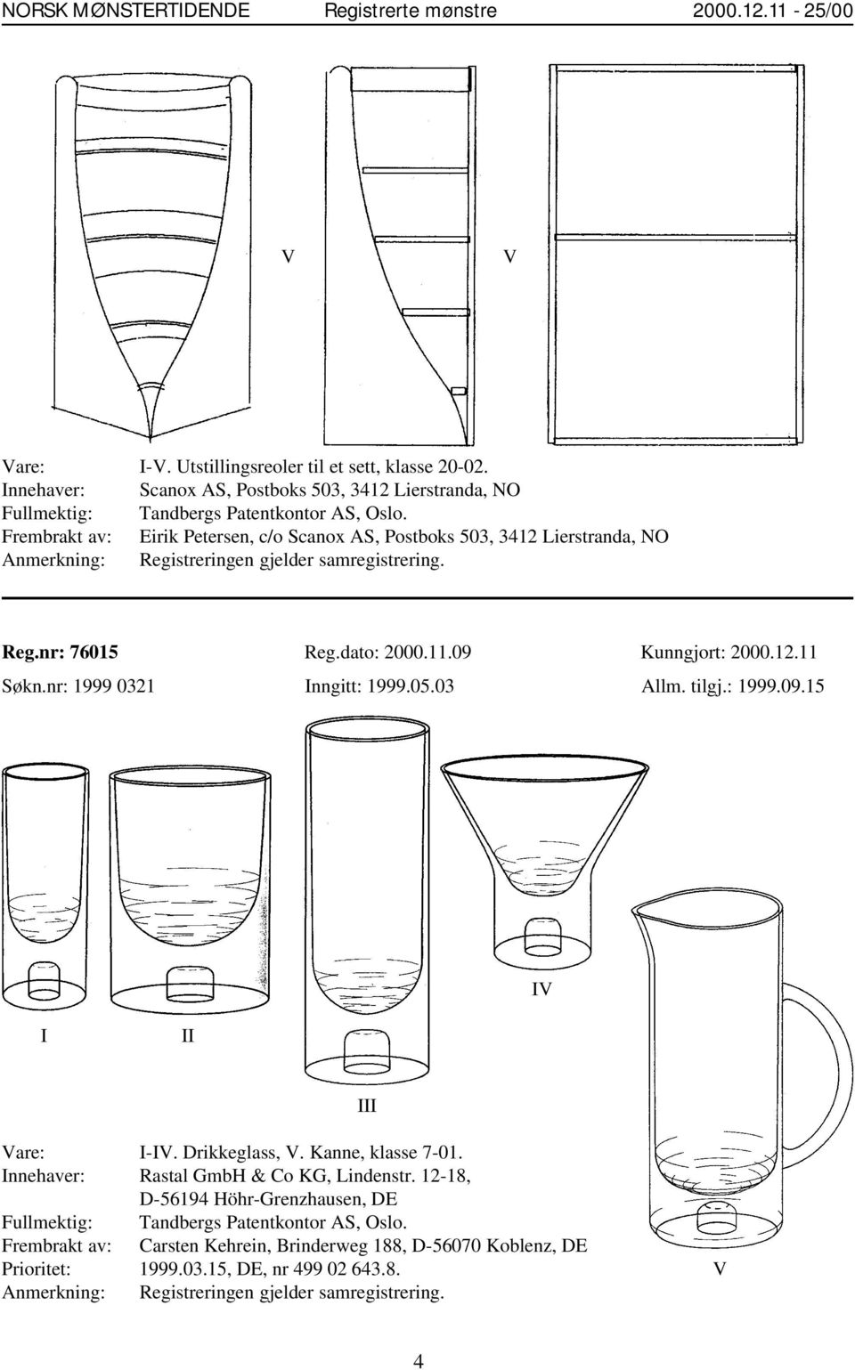 nr: 1999 0321 Inngitt: 1999.05.03 Allm. tilgj.: 1999.09.15 I II IV III Vare: I-IV. Drikkeglass, V. Kanne, klasse 7-01. Innehaver: Rastal GmbH & Co KG, Lindenstr.