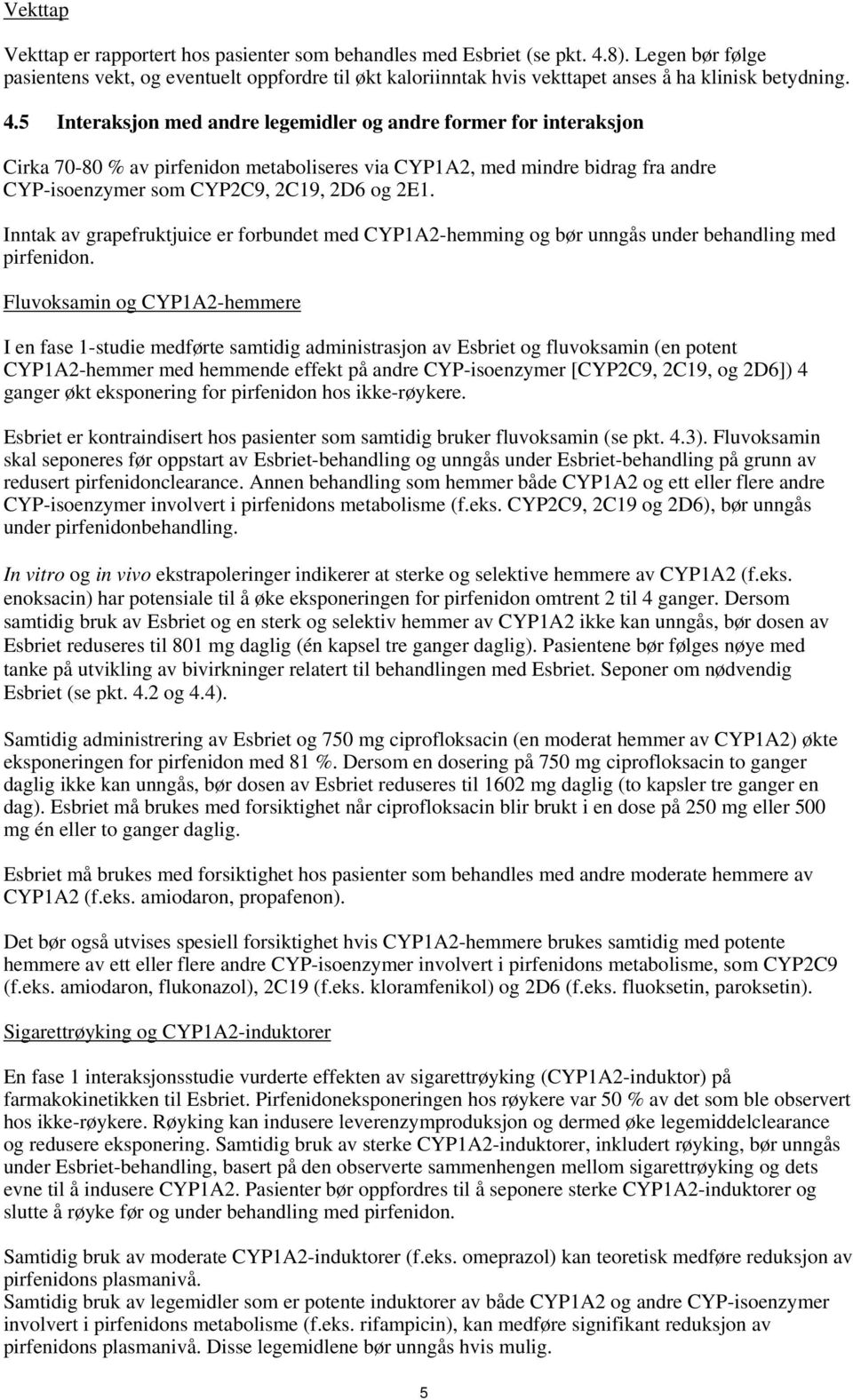 5 Interaksjon med andre legemidler og andre former for interaksjon Cirka 70-80 % av pirfenidon metaboliseres via CYP1A2, med mindre bidrag fra andre CYP-isoenzymer som CYP2C9, 2C19, 2D6 og 2E1.