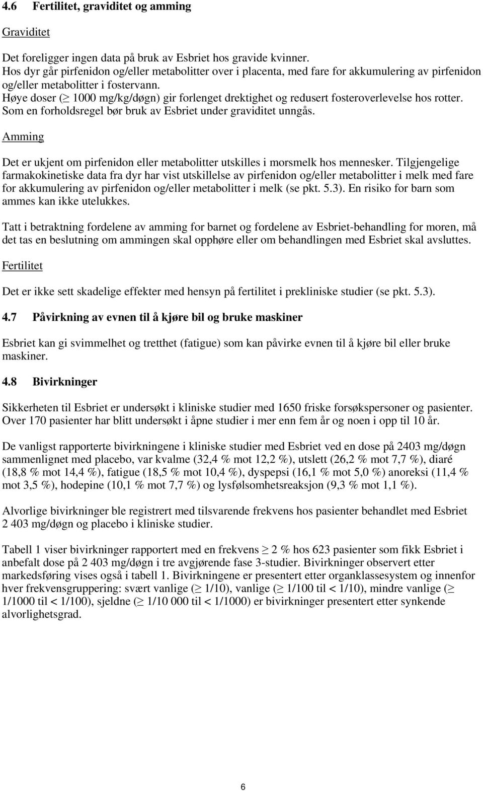 Høye doser ( 1000 mg/kg/døgn) gir forlenget drektighet og redusert fosteroverlevelse hos rotter. Som en forholdsregel bør bruk av Esbriet under graviditet unngås.