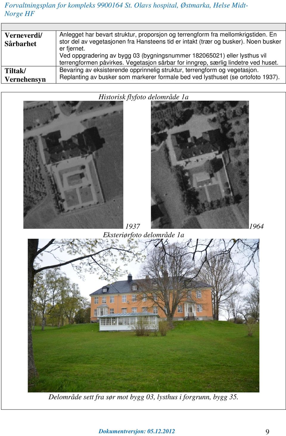 Ved oppgradering av bygg 03 (bygningsnummer 182065021) eller lysthus vil terrengformen påvirkes. Vegetasjon sårbar for inngrep, særlig lindetre ved huset.