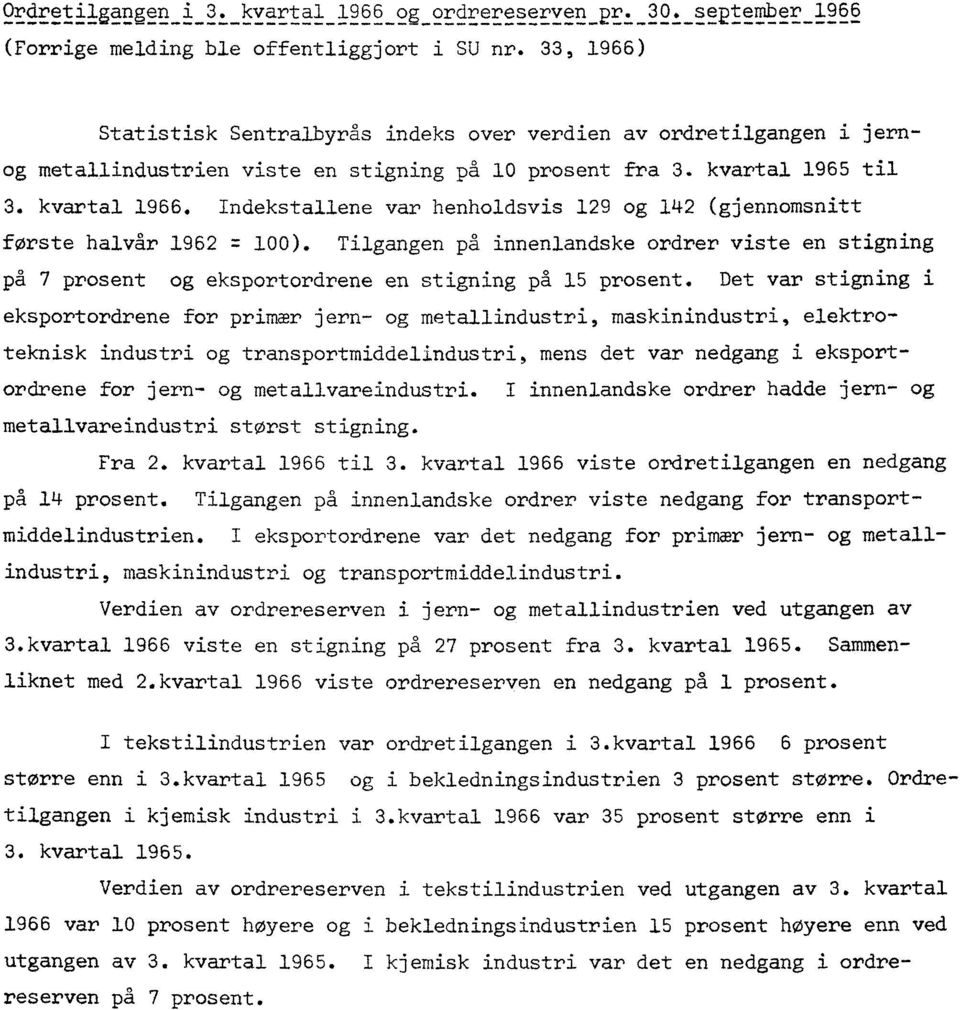 Indekstallene var henholdsvis 129 og 142 (gjennomsnitt forste halvår 1962 7-7 100). Tilgangen på innenlandske ordrer viste en stigning på 7 prosent og eksportordrene en stigning på 15 prosent.