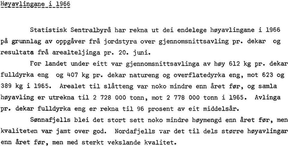 dekar natureng og overflatedyrka eng, mot 623 og 389 kg i 1965. Arealet til slåtteng var noko mindre enn året for, og samla høyavling er utrekna til 2 728 000 tonn, mot 2 778 000 tonn i 1965.