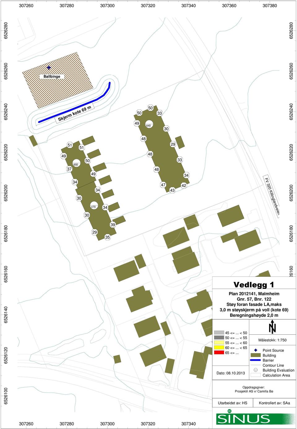 122 Støy foran fasade LA,maks 3,0 m støyskjerm på voll (kote 69) Beregningshøyde 2,0 m 6526140 6526120 45 <=... < 50 50 <=... < 55 55 <=... < 60 60 <=... < 65 65 <=... Dato: 08.10.