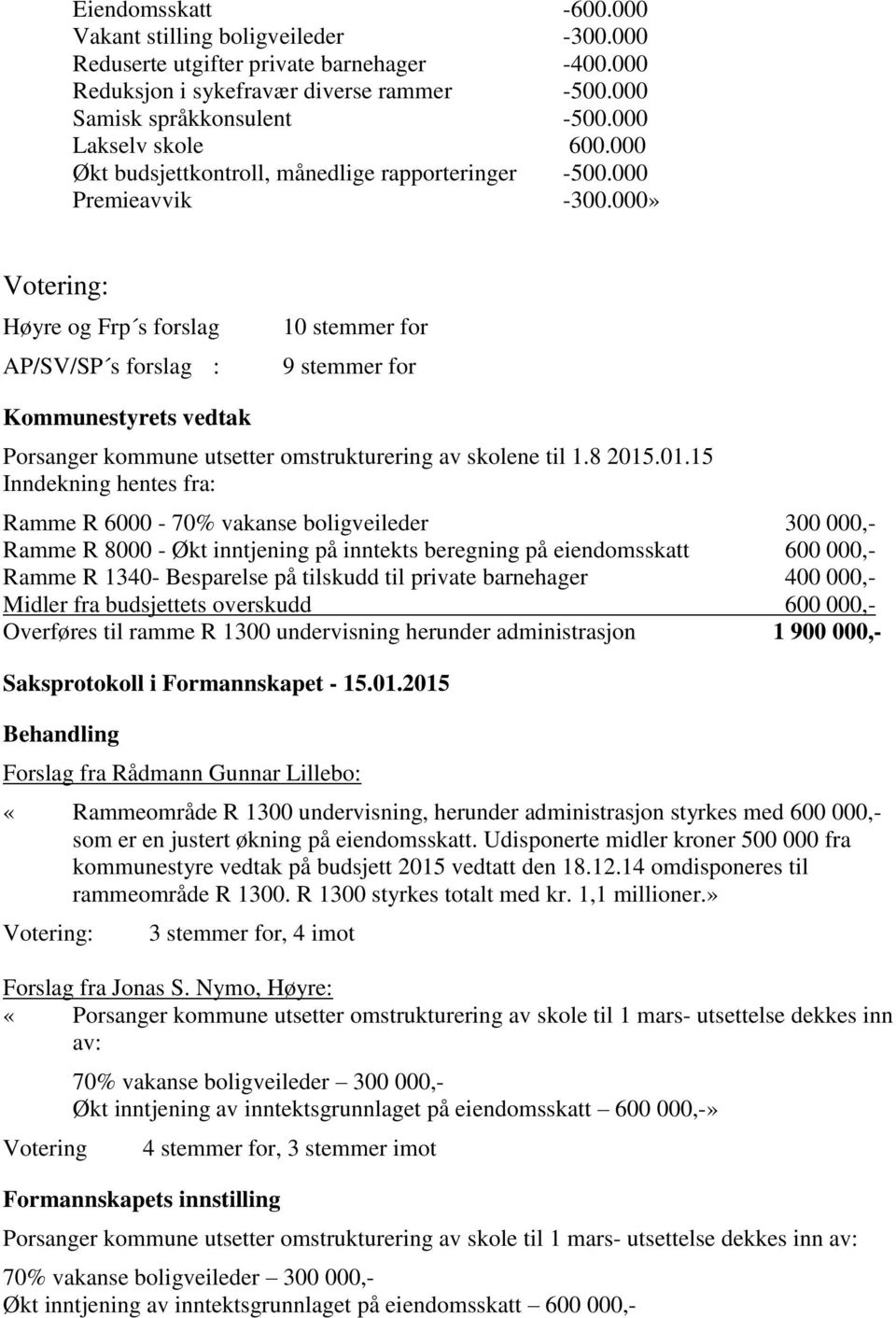 000» Høyre og Frp s forslag AP/SV/SP s forslag : 10 stemmer for 9 stemmer for Porsanger kommune utsetter omstrukturering av skolene til 1.8 2015