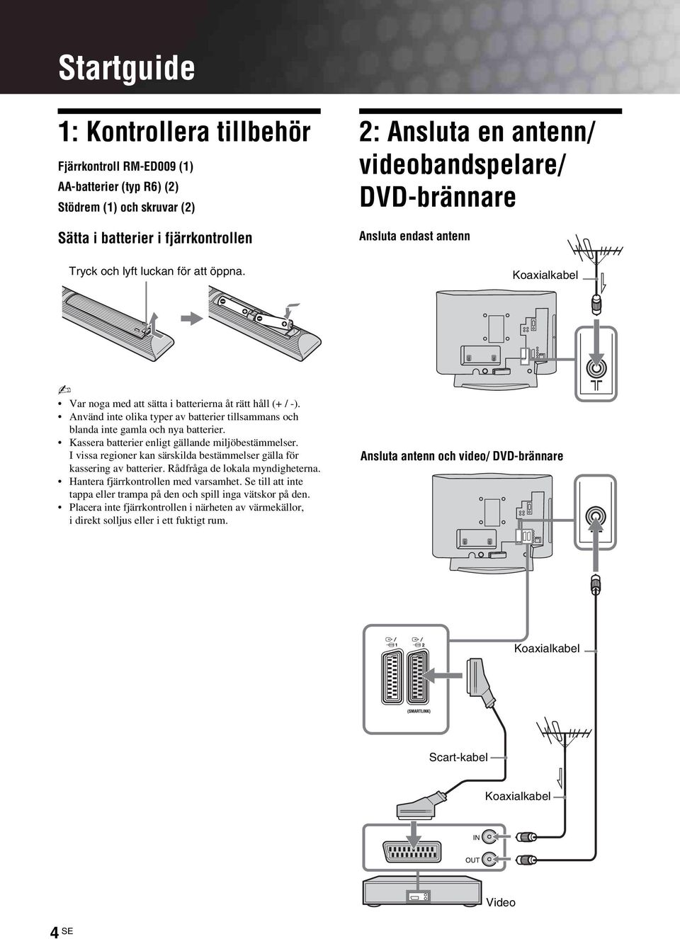 Använd inte olika typer av batterier tillsammans och blanda inte gamla och nya batterier. Kassera batterier enligt gällande miljöbestämmelser.