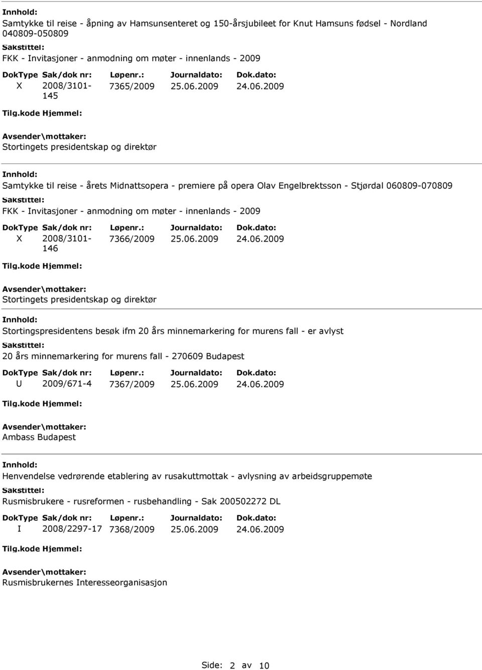 2009 2008/3101-146 7366/2009 Stortingets presidentskap og direktør Stortingspresidentens besøk ifm 20 års minnemarkering for murens fall - er avlyst 20 års minnemarkering for murens fall - 270609