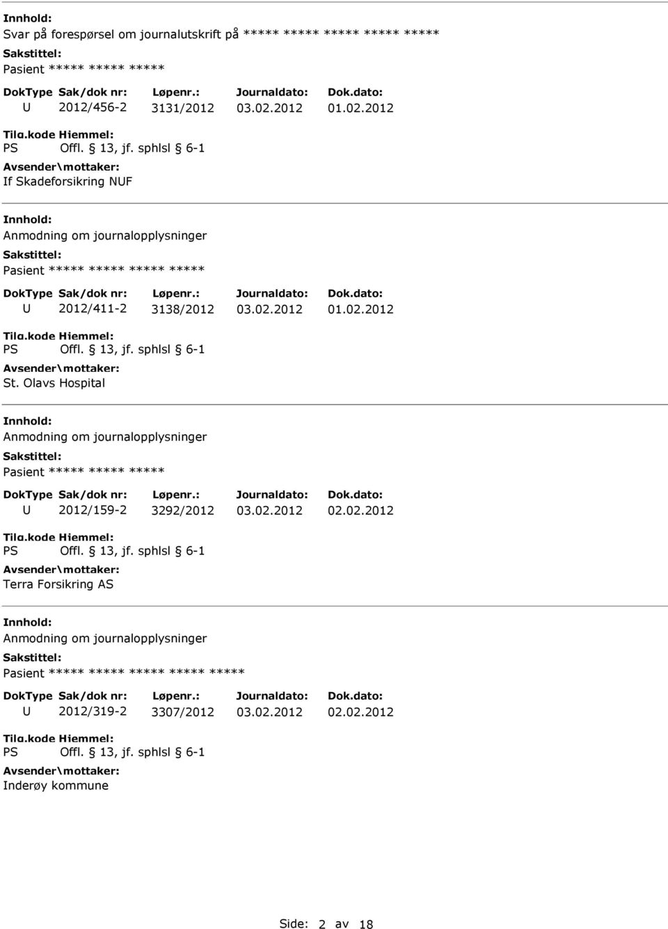 Olavs Hospital Anmodning om journalopplysninger 2012/159-2 3292/2012 Terra