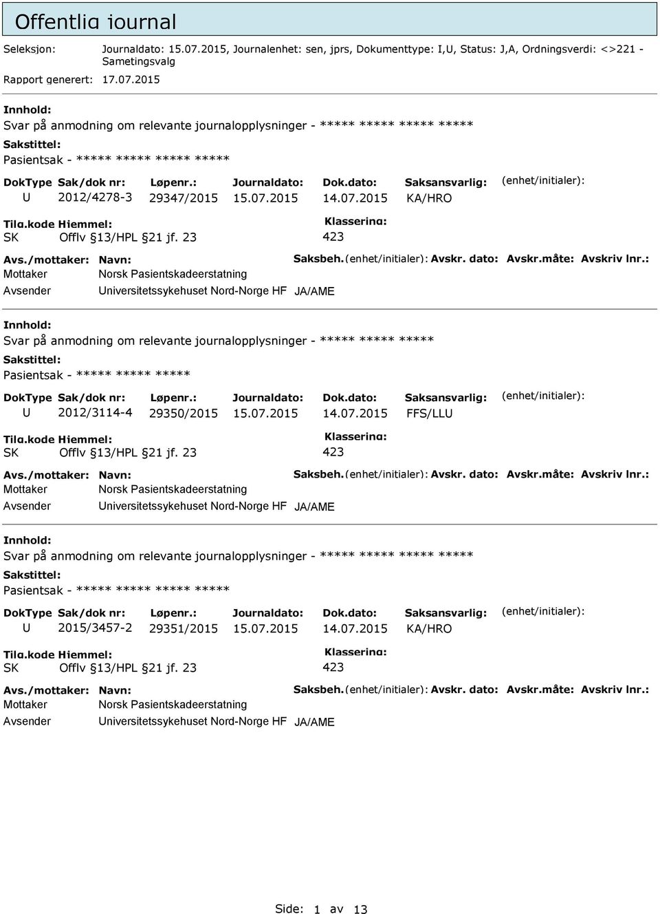 : niversitetssykehuset Nord-Norge HF Svar på anmodning om relevante journalopplysninger - ***** ***** ***** 2012/3114-4 29350/2015 FFS/LL Avs./mottaker: Navn: Saksbeh. Avskr. dato: Avskr.