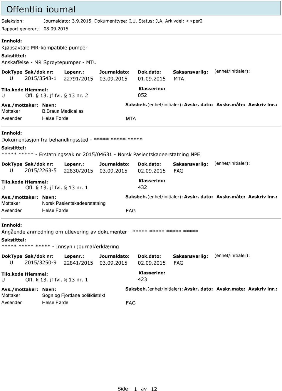 Braun Medical as MTA Dokumentasjon fra behandlingssted - ***** ***** ***** ***** ***** - Erstatningssak nr 2015/04631 - Norsk asientskadeerstatning NE 2015/2263-5