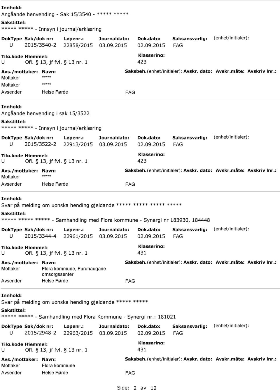 - Samhandling med Flora kommune - Synergi nr 183930, 184448 2015/3344-4 22961/2015 431 Mottaker Flora kommune, Furuhaugane omsorgssenter Svar på melding om