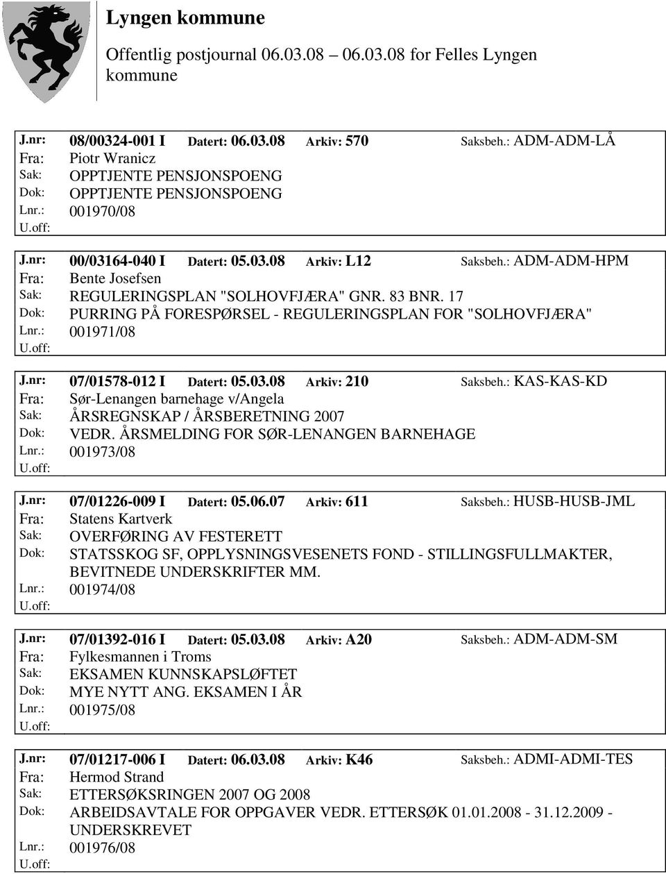 17 Dok: PURRING PÅ FORESPØRSEL - REGULERINGSPLAN FOR "SOLHOVFJÆRA" Lnr.: 001971/08 J.nr: 07/01578-012 I Datert: 05.03.08 Arkiv: 210 Saksbeh.