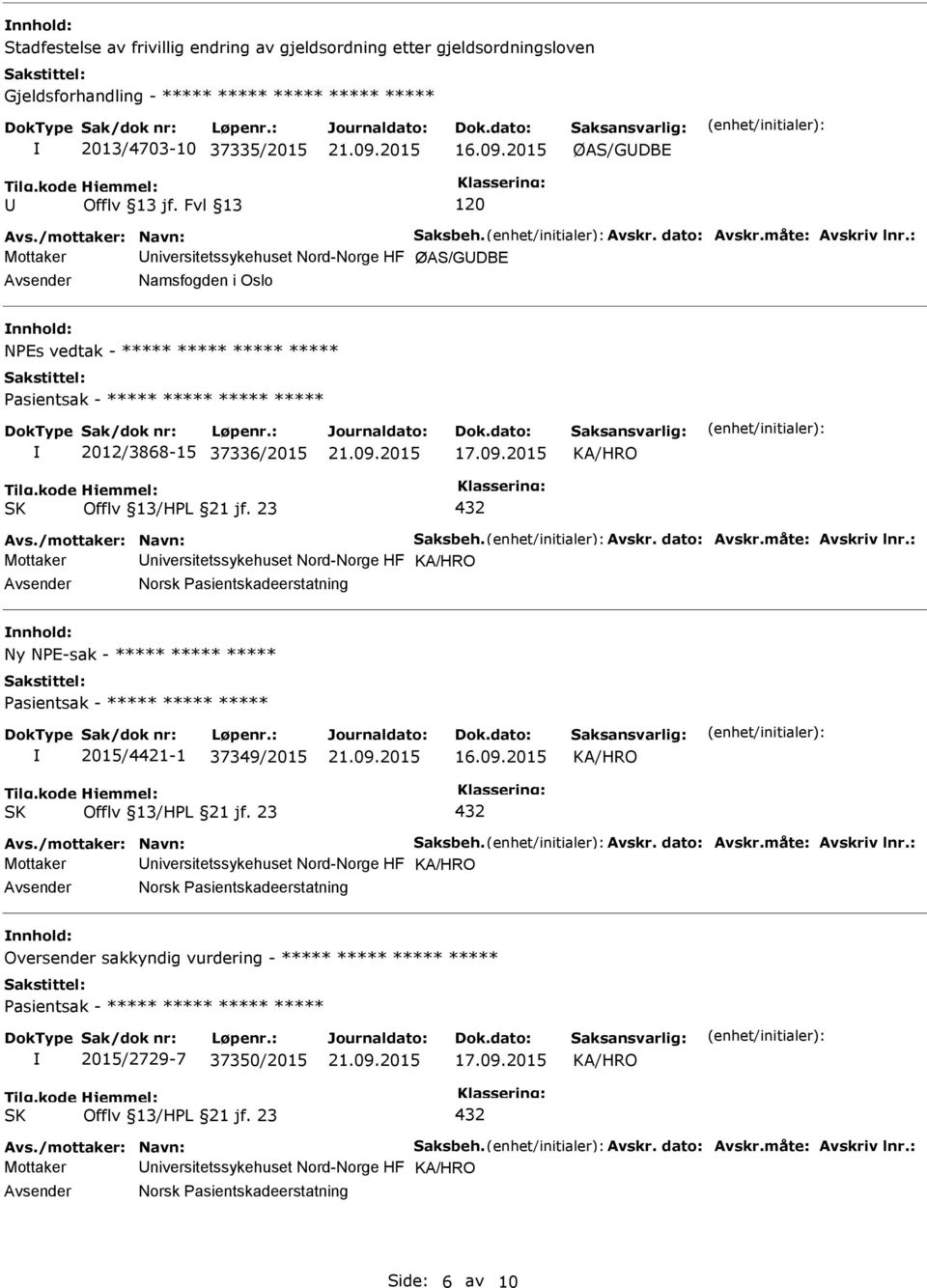 : Mottaker niversitetssykehuset Nord-Norge HF ØAS/GDBE Namsfogden i Oslo NPEs vedtak - ***** ***** ***** ***** 2012/3868-15 37336/2015 Avs.