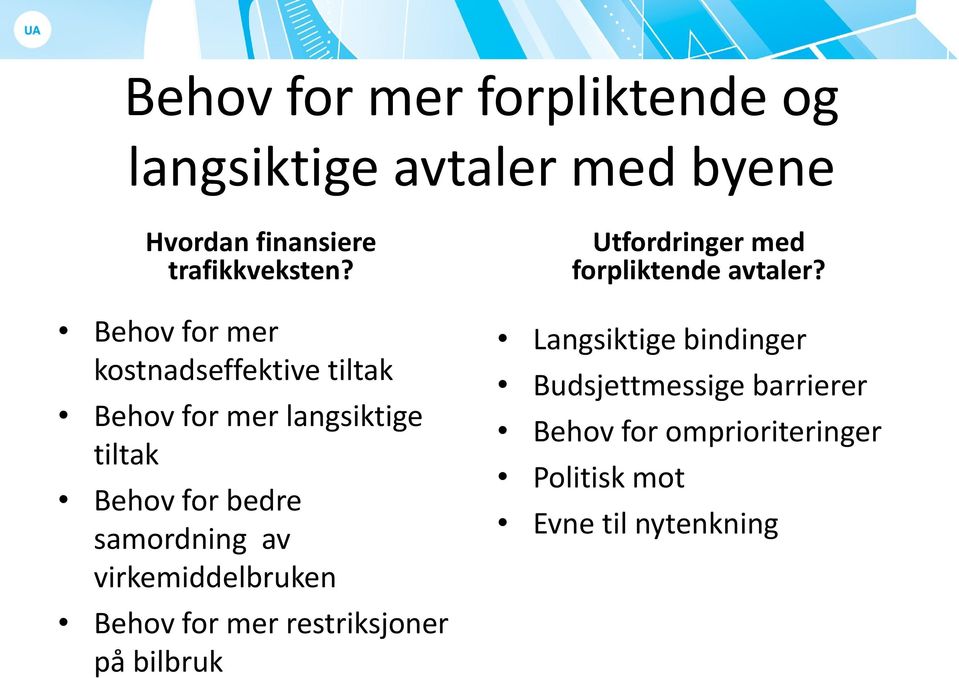 av virkemiddelbruken Behov for mer restriksjoner på bilbruk Utfordringer med forpliktende avtaler?