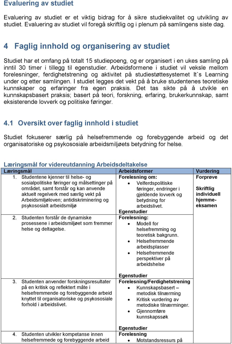 Arbeidsformene i studiet vil veksle mellom forelesninger, ferdighetstrening og aktivitet på studiestøttesystemet It`s Learning under og etter samlingen.