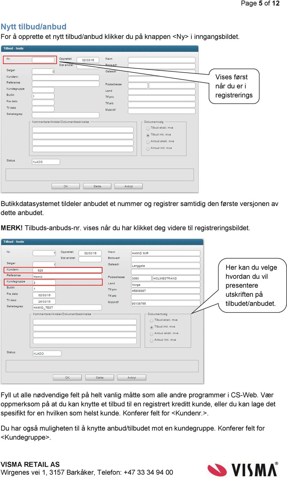 Her kan du velge hvordan du vil presentere utskriften på tilbudet/anbudet. Fyll ut alle nødvendige felt på helt vanlig måtte som alle andre programmer i CS-Web.