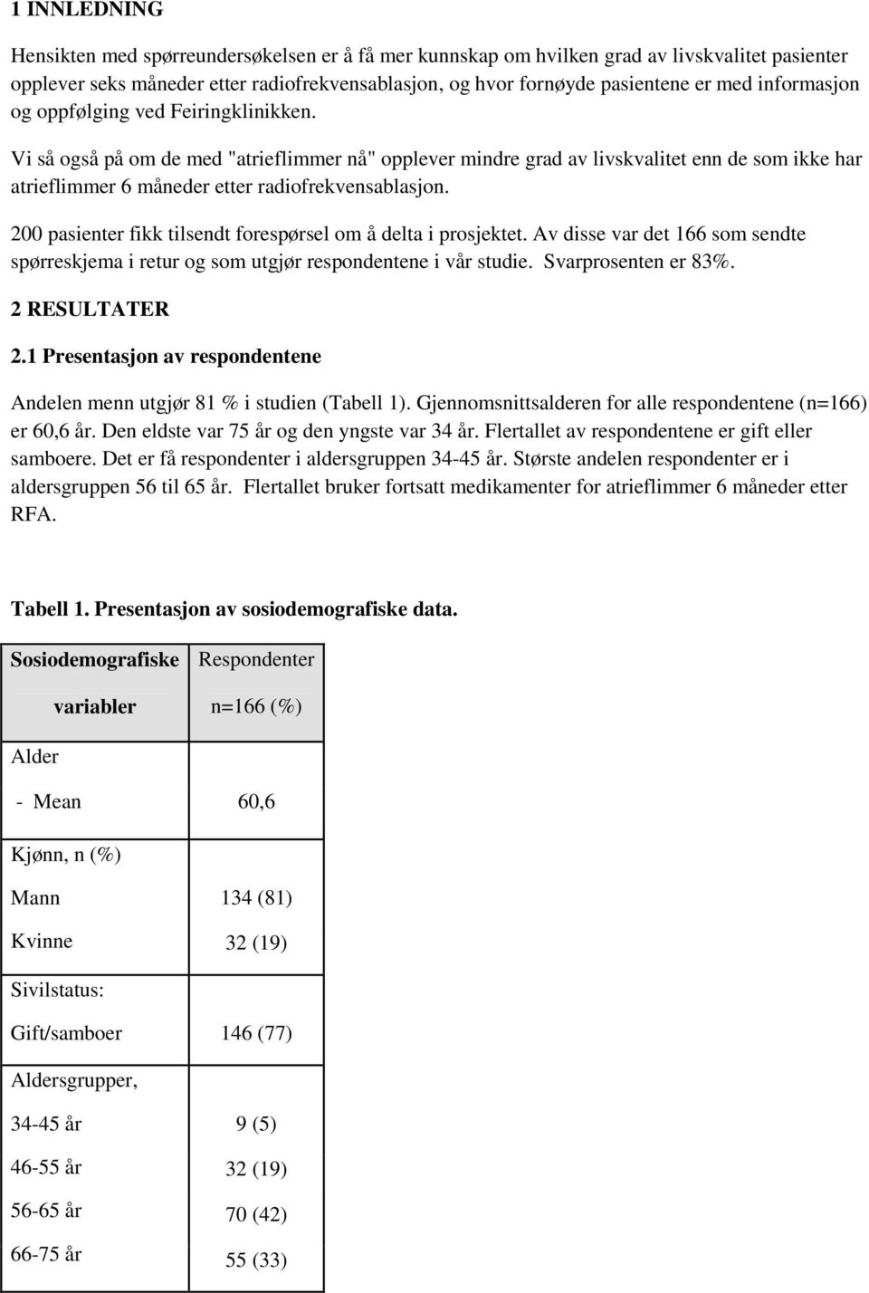 pasienter fikk tilsendt forespørsel om å delta i prosjektet. Av disse var det 166 som sendte spørreskjema i retur og som utgjør respondentene i vår studie. Svarprosenten er 83%. 2 RESULTATER 2.