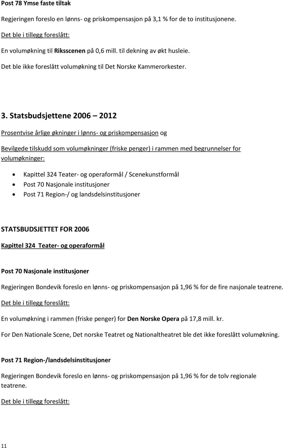 Statsbudsjettene 2006 2012 Prosentvise årlige økninger i lønns- og priskompensasjon og Bevilgede tilskudd som volumøkninger (friske penger) i rammen med begrunnelser for volumøkninger: Kapittel 324