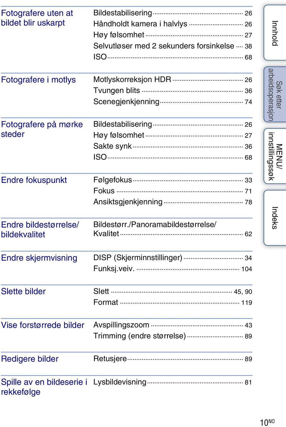 71 Ansiktsgjenkjenning 78 Endre bildestørrelse/ bildekvalitet Bildestørr./Panoramabildestørrelse/ Kvalitet 62 Endre skjermvisning DISP (Skjerminnstillinger) 34 Funksj.veiv.