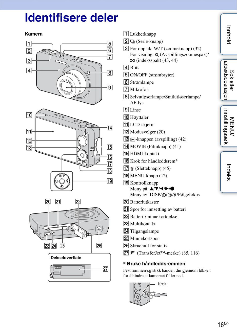 håndleddsrem* Q (Sletteknapp) (45) R MENU-knapp (12) S Kontrollknapp Meny på: v/v/b/b/z Meny av: DISP/ / / /Følgefokus T Batteriutkaster U Spor for innsetting av batteri V Batteri-/minnekortdeksel W