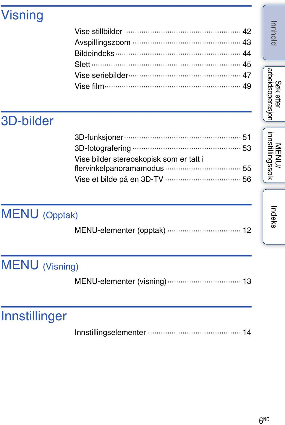 som er tatt i flervinkelpanoramamodus 55 Vise et bilde på en 3D-TV 56 MENU (Opptak)