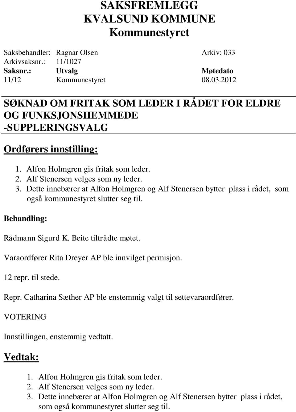 Rådmann Sigurd K. Beite tiltrådte møtet. Varaordfører Rita Dreyer AP ble innvilget permisjon. 12 repr. til stede. Repr. Catharina Sæther AP ble enstemmig valgt til settevaraordfører.