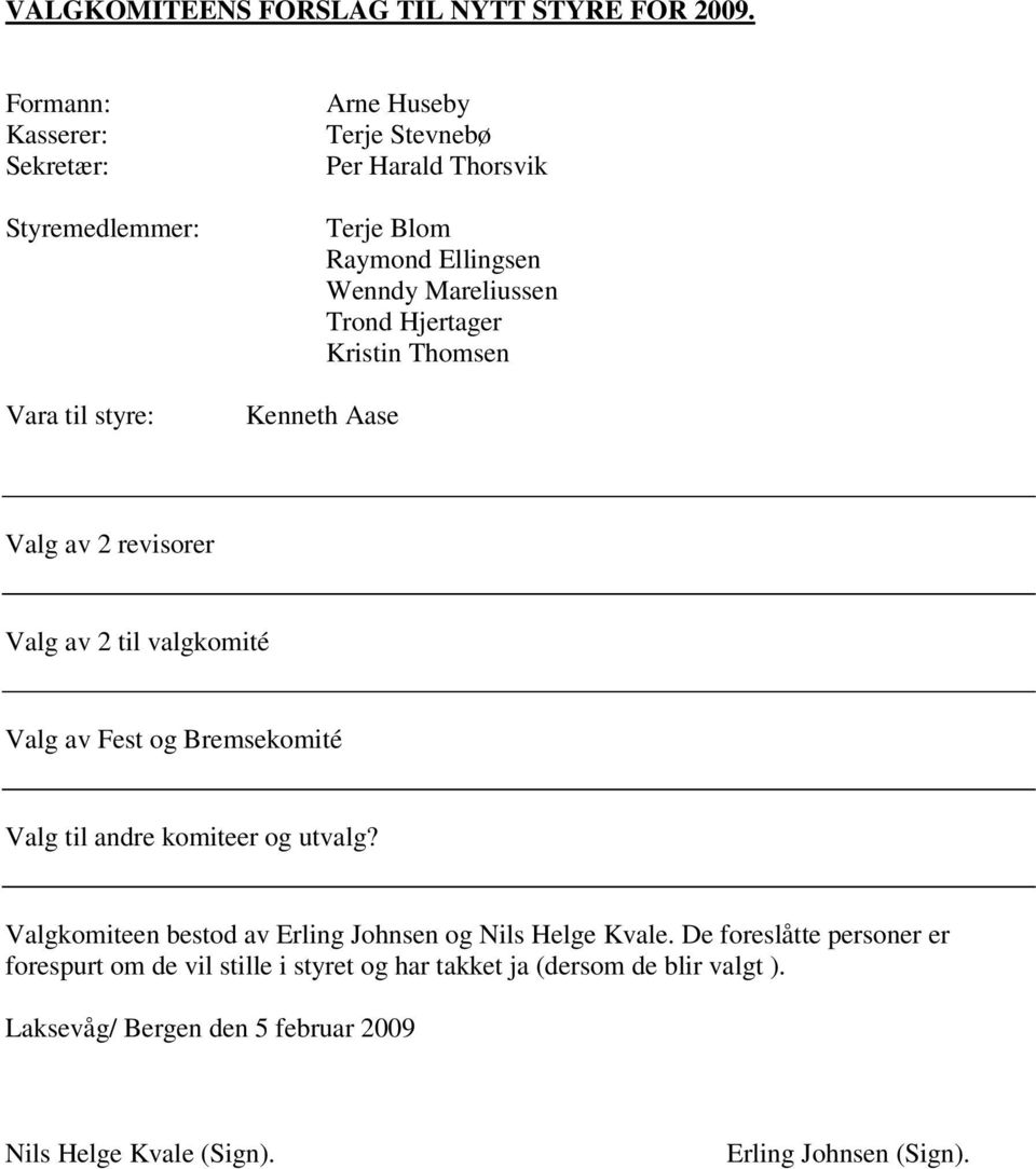 Mareliussen Trond Hjertager Kristin Thomsen Kenneth Aase Valg av 2 revisorer Valg av 2 til valgkomité Valg av Fest og Bremsekomité Valg til andre