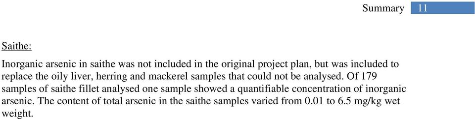 Of 179 samples of saithe fillet analysed one sample showed a quantifiable concentration of