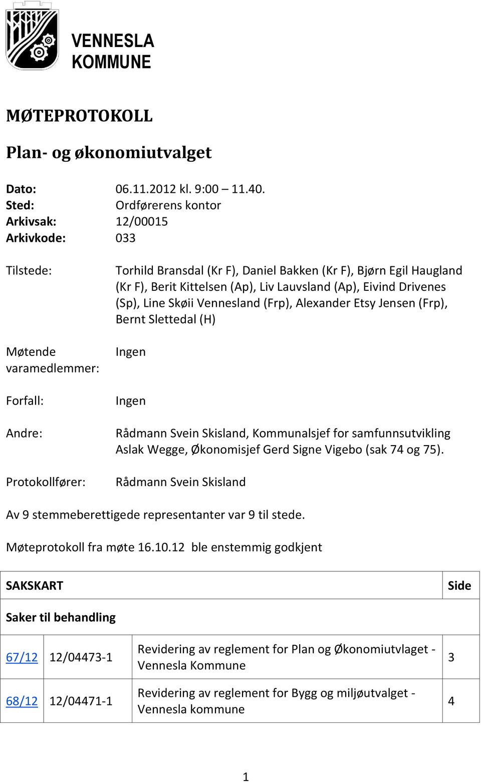 Berit Kittelsen (Ap), Liv Lauvsland (Ap), Eivind Drivenes (Sp), Line Skøii Vennesland (Frp), Alexander Etsy Jensen (Frp), Bernt Slettedal (H) Ingen Ingen Rådmann Svein Skisland, Kommunalsjef for