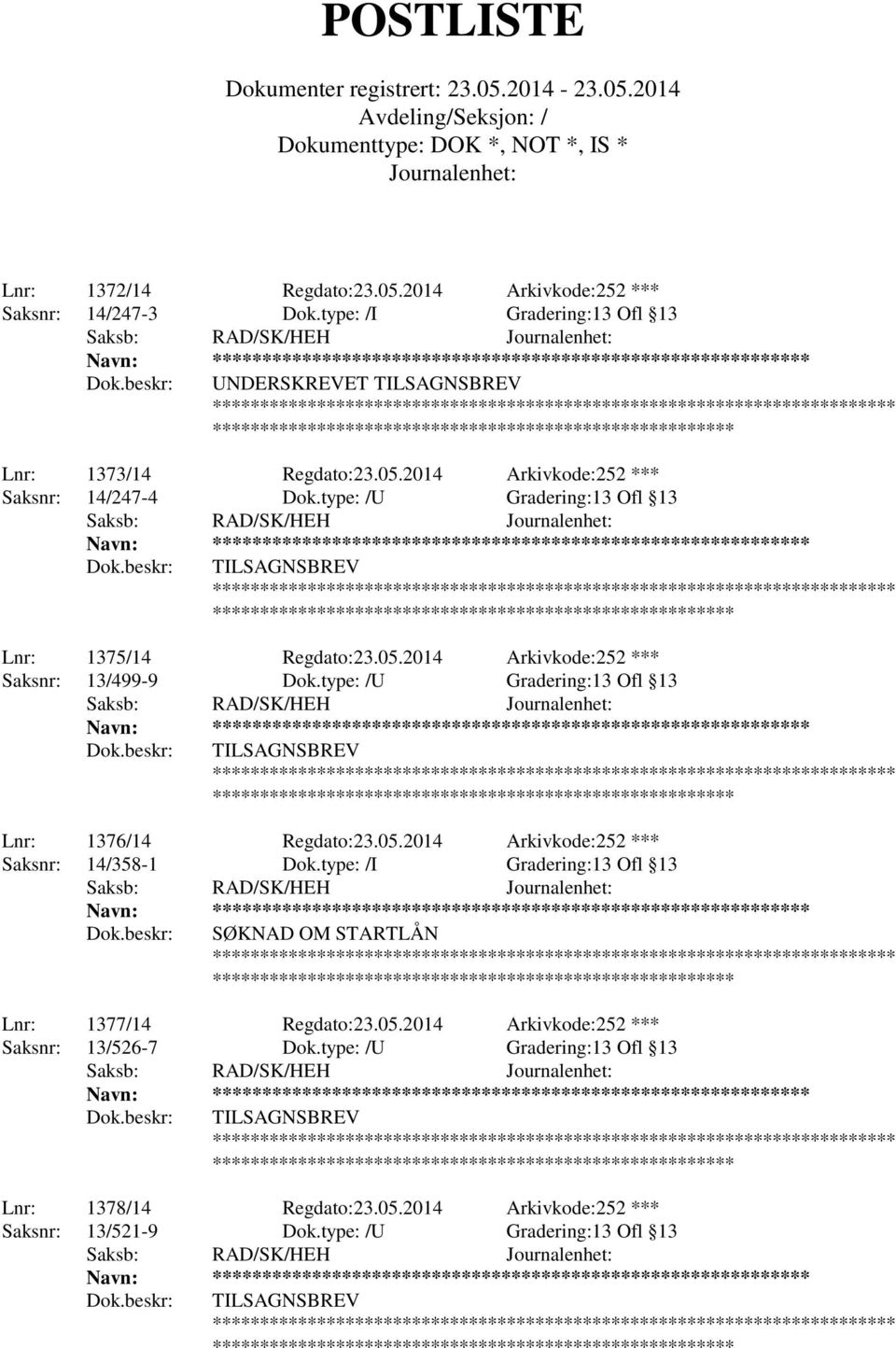type: /U Gradering:13 Ofl 13 Lnr: 1376/14 Regdato:23.05.2014 Arkivkode:252 *** Saksnr: 14/358-1 Dok.