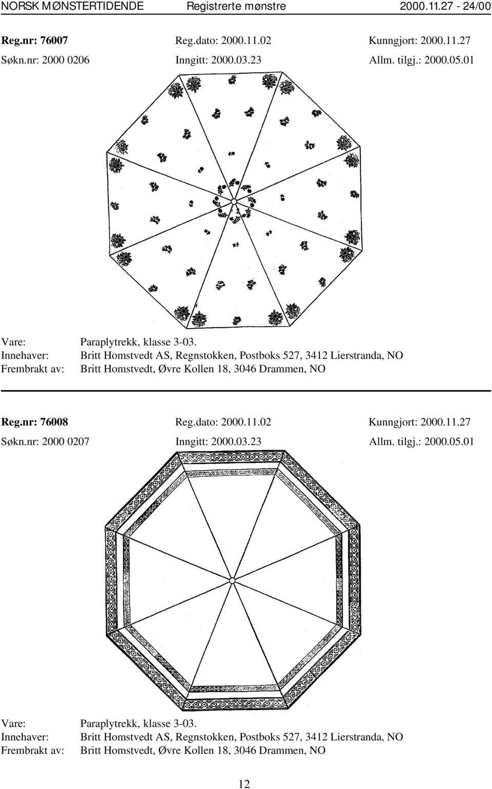 Innehaver: Britt Homstvedt AS, Regnstokken, Postboks 527, 3412 Lierstranda, NO Frembrakt av: Britt Homstvedt, Øvre Kollen 18, 3046 Drammen, NO Reg.