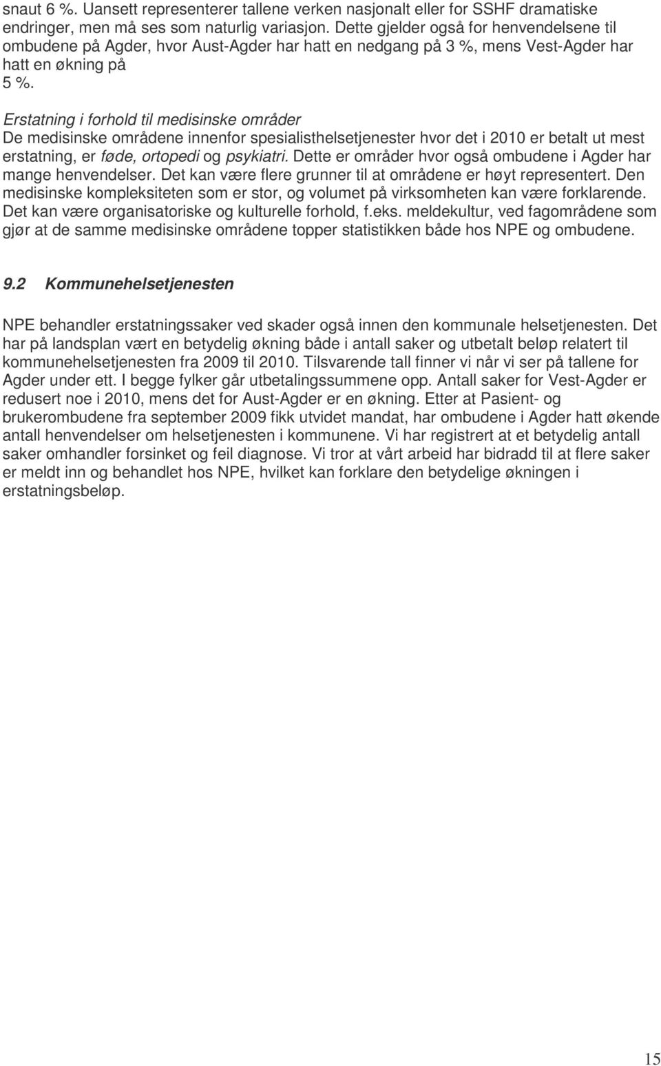 Erstatning i forhold til medisinske områder De medisinske områdene innenfor spesialisthelsetjenester hvor det i 2010 er betalt ut mest erstatning, er føde, ortopedi og psykiatri.