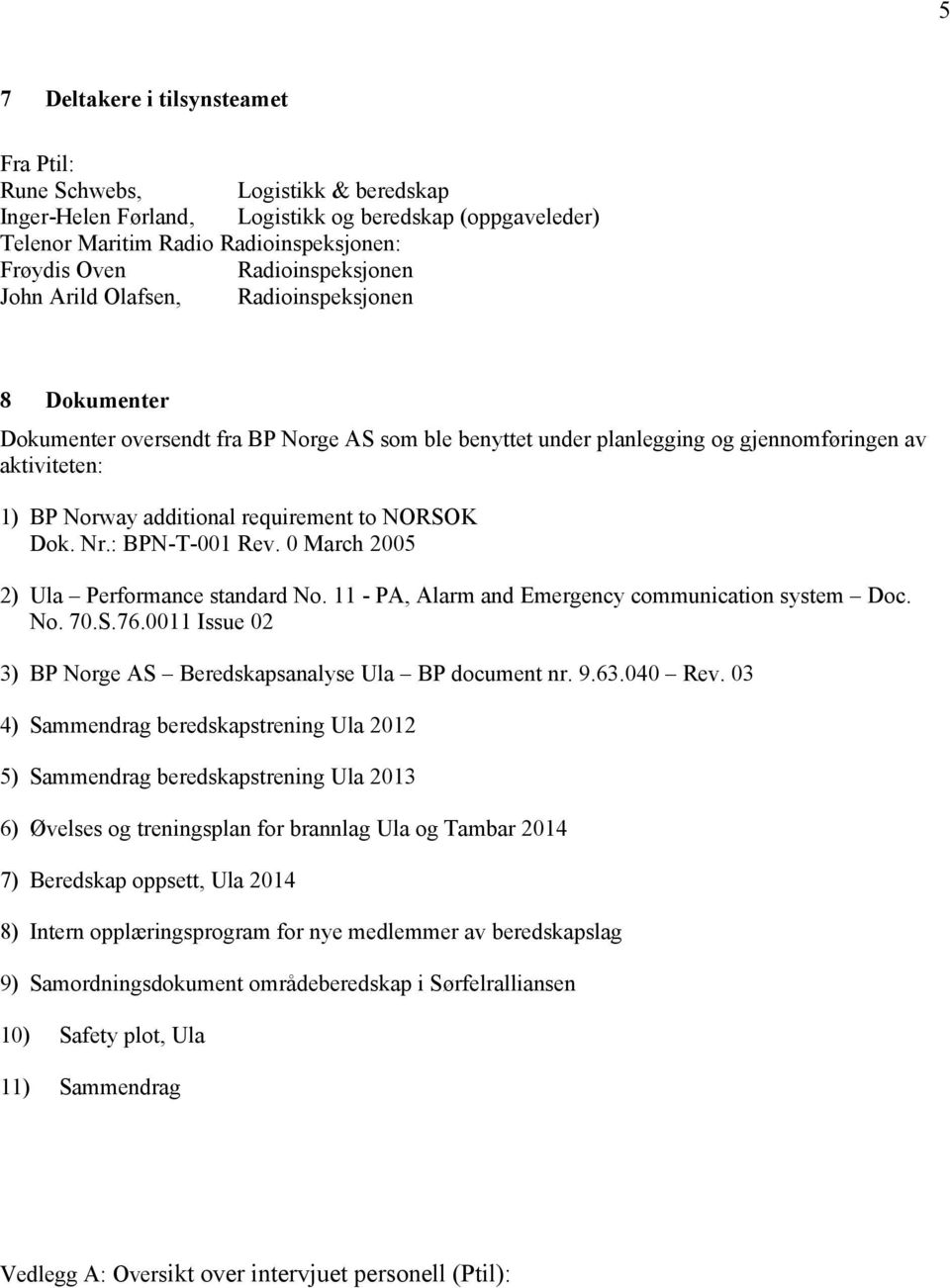 requirement to NORSOK Dok. Nr.: BPN-T-001 Rev. 0 March 2005 2) Ula Performance standard No. 11 - PA, Alarm and Emergency communication system Doc. No. 70.S.76.