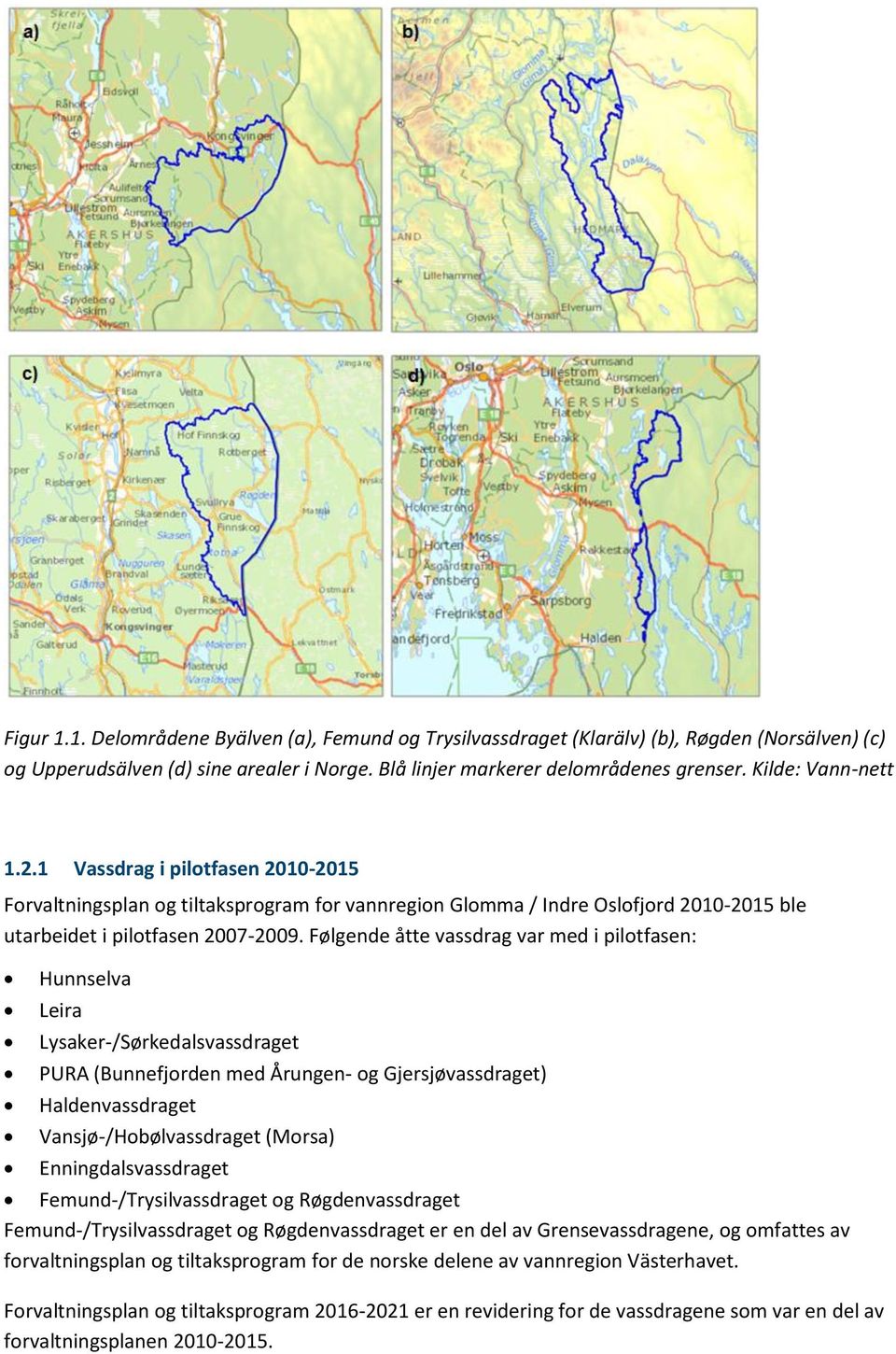 Følgende åtte vassdrag var med i pilotfasen: Hunnselva Leira Lysaker-/Sørkedalsvassdraget PURA (Bunnefjorden med Årungen- og Gjersjøvassdraget) Haldenvassdraget Vansjø-/Hobølvassdraget (Morsa)