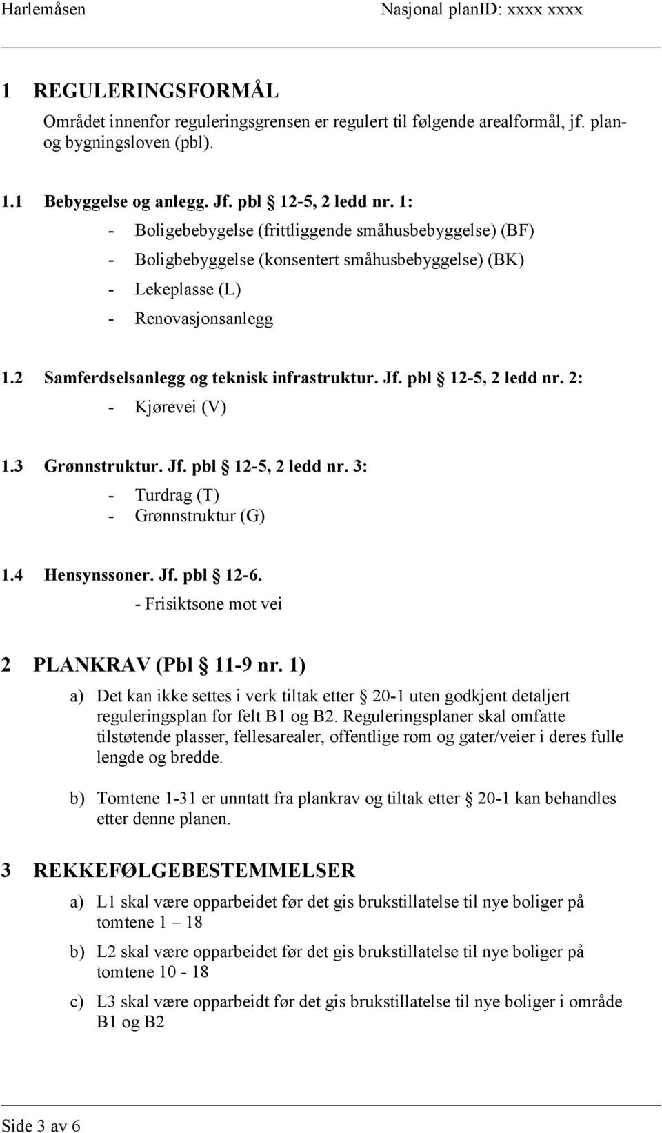 pbl 12-5, 2 ledd nr. 2: - Kjørevei (V) 1.3 Grønnstruktur. Jf. pbl 12-5, 2 ledd nr. 3: - Turdrag (T) - Grønnstruktur (G) 1.4 Hensynssoner. Jf. pbl 12-6. - Frisiktsone mot vei 2 PLANKRAV (Pbl 11-9 nr.