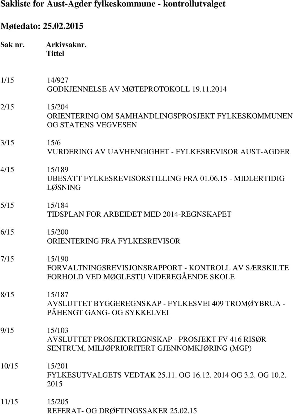 06.15 - MIDLERTIDIG LØSNING 5/15 15/184 TIDSPLAN FOR ARBEIDET MED 2014-REGNSKAPET 6/15 15/200 ORIENTERING FRA FYLKESREVISOR 7/15 15/190 FORVALTNINGSREVISJONSRAPPORT - KONTROLL AV SÆRSKILTE FORHOLD
