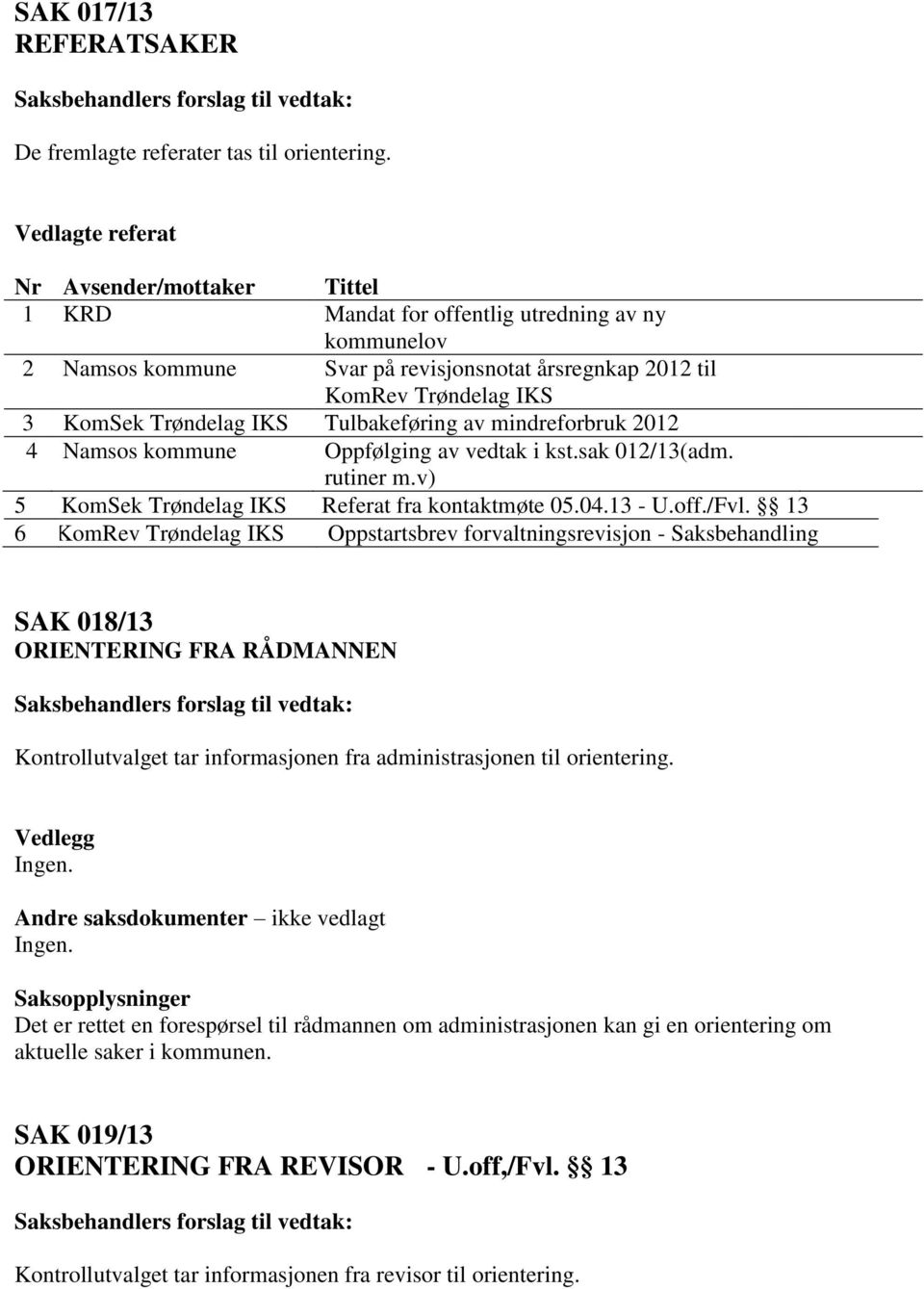 IKS Tulbakeføring av mindreforbruk 2012 4 Namsos kommune Oppfølging av vedtak i kst.sak 012/13(adm. rutiner m.v) 5 KomSek Trøndelag IKS Referat fra kontaktmøte 05.04.13 - U.off./Fvl.