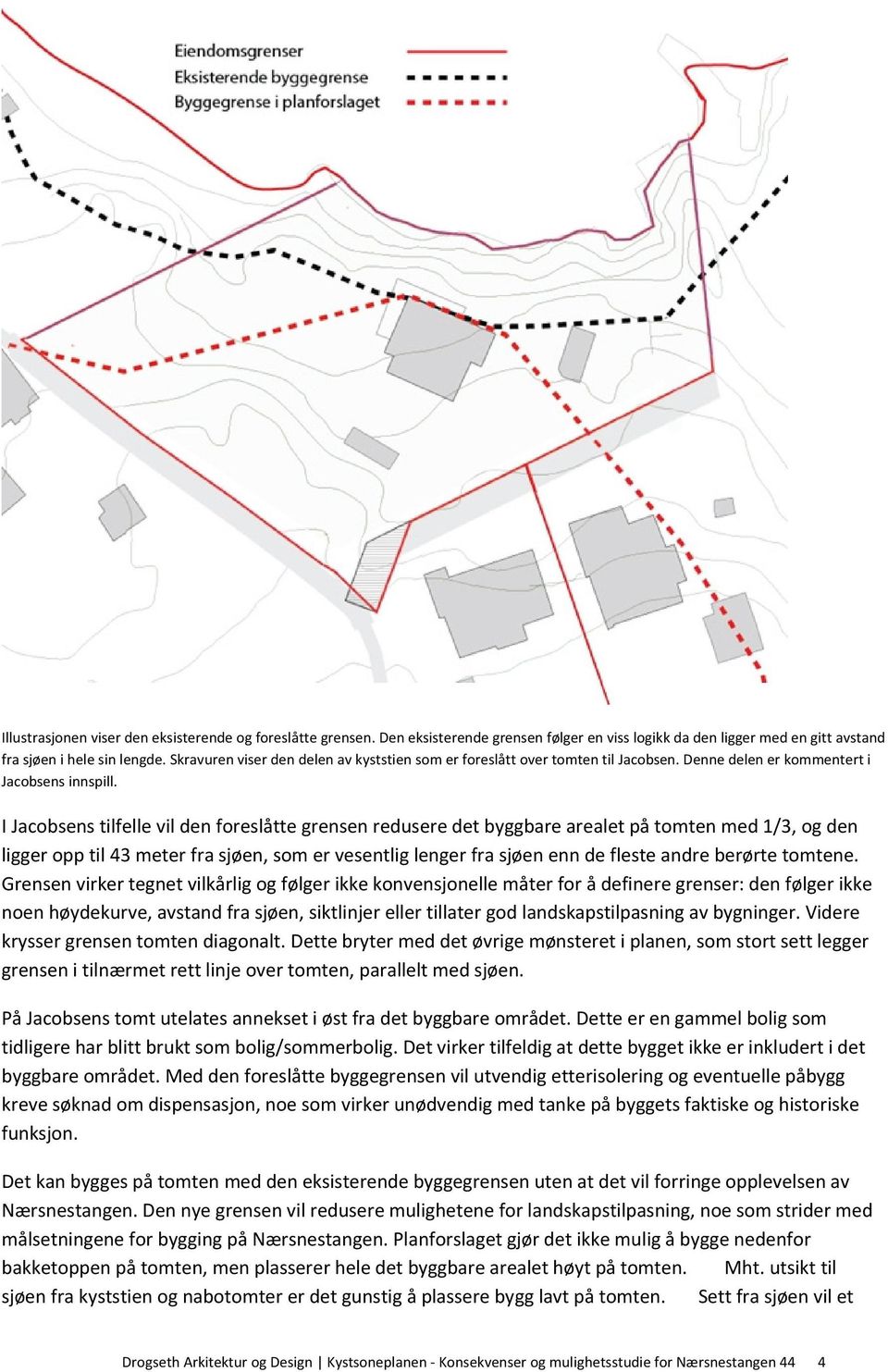 I Jacobsens tilfelle vil den foreslåtte grensen redusere det byggbare arealet på tomten med 1/3, og den ligger opp til 43 meter fra sjøen, som er vesentlig lenger fra sjøen enn de fleste andre