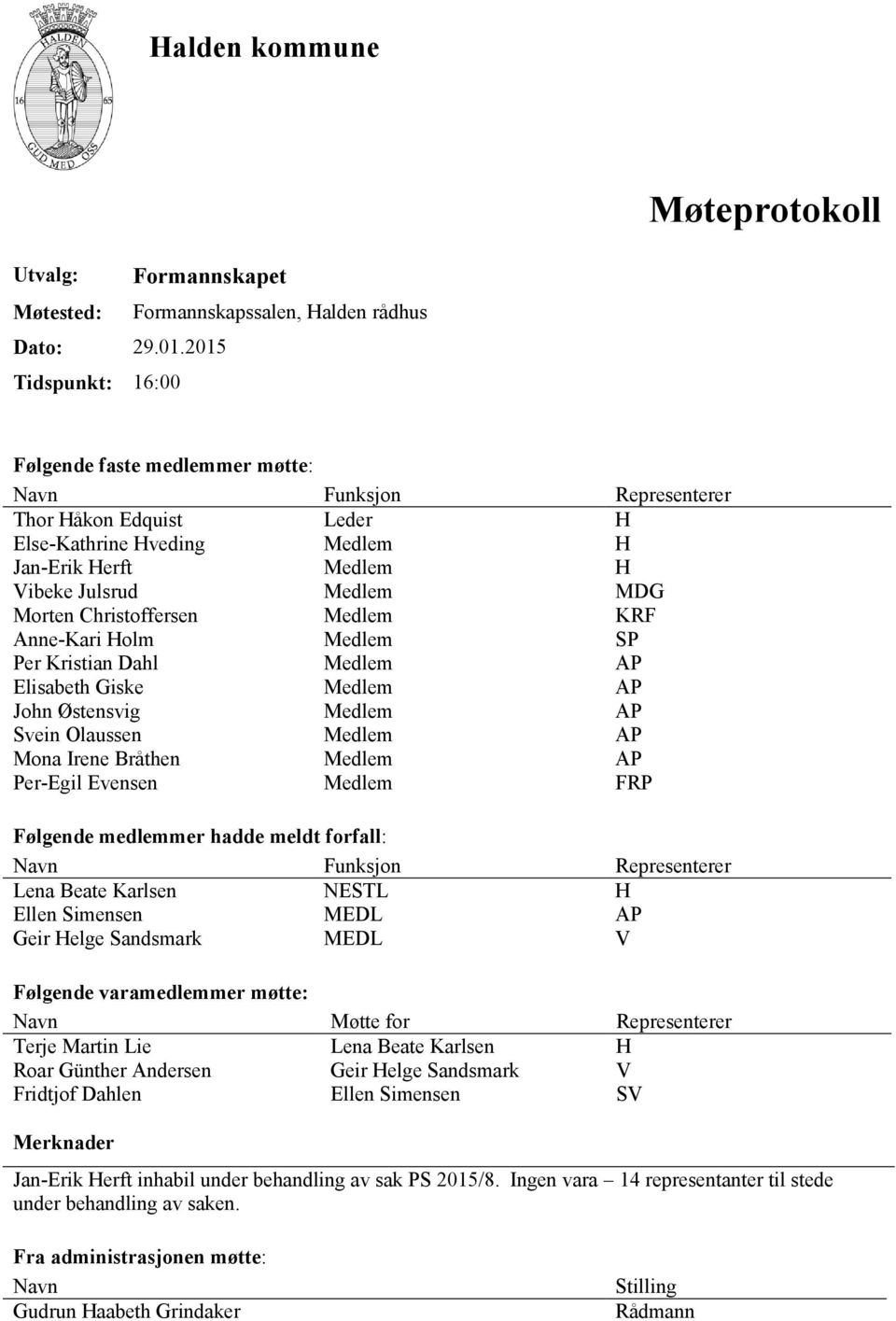 Christoffersen Medlem KRF Anne-Kari Holm Medlem SP Per Kristian Dahl Medlem AP Elisabeth Giske Medlem AP John Østensvig Medlem AP Svein Olaussen Medlem AP Mona Irene Bråthen Medlem AP Per-Egil