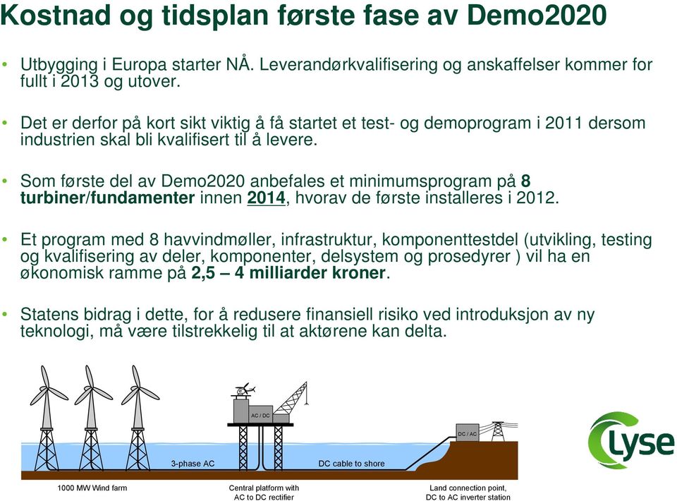 Som første del av Demo2020 anbefales et minimumsprogram på 8 turbiner/fundamenter innen 2014, hvorav de første installeres i 2012.