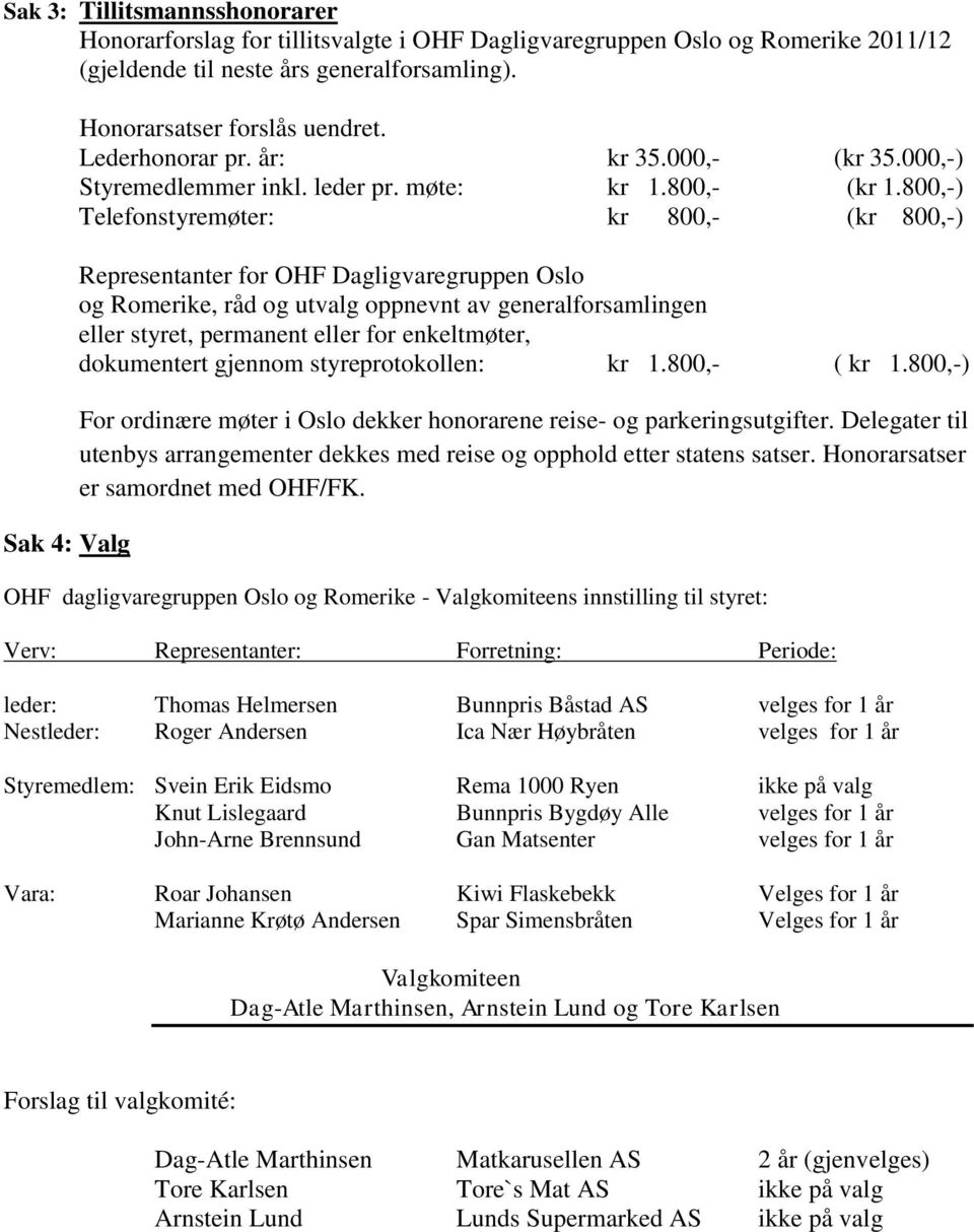 800,-) Telefonstyremøter: kr 800,- (kr 800,-) Representanter for OHF Dagligvaregruppen Oslo og Romerike, råd og utvalg oppnevnt av generalforsamlingen eller styret, permanent eller for enkeltmøter,