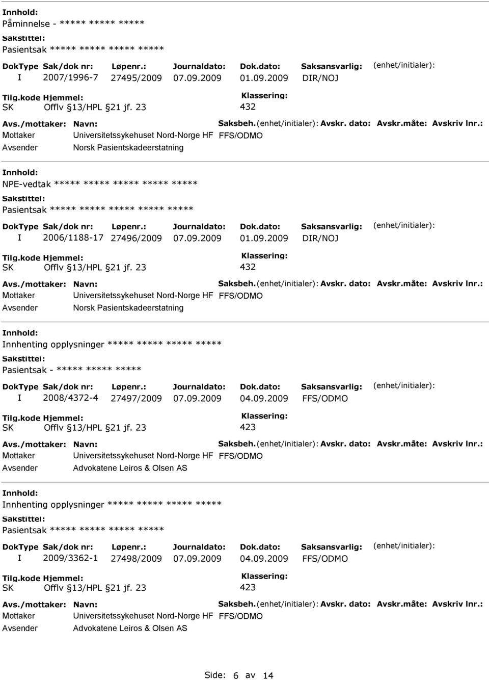 2009 DR/NOJ Mottaker niversitetssykehuset Nord-Norge HF FFS/ODMO Norsk Pasientskadeerstatning nnhold: NPE-vedtak ***** ***** ***** ***** ***** Pasientsak ***** ***** ***** ***** ***** 2006/1188-17