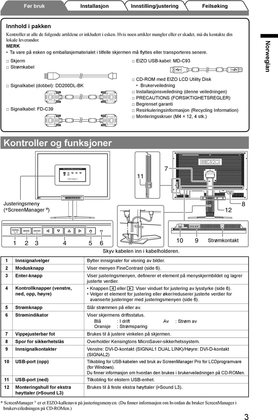 Skjerm EIZO USB-kabel: MD-C9 Strømkabel Signalkabel (dobbel): DD200DL-BK Signalkabel: FD-C9 CD-ROM med EIZO LCD Utility Disk Brukerveiledning sveiledning (denne veiledningen) PRECAUTIONS