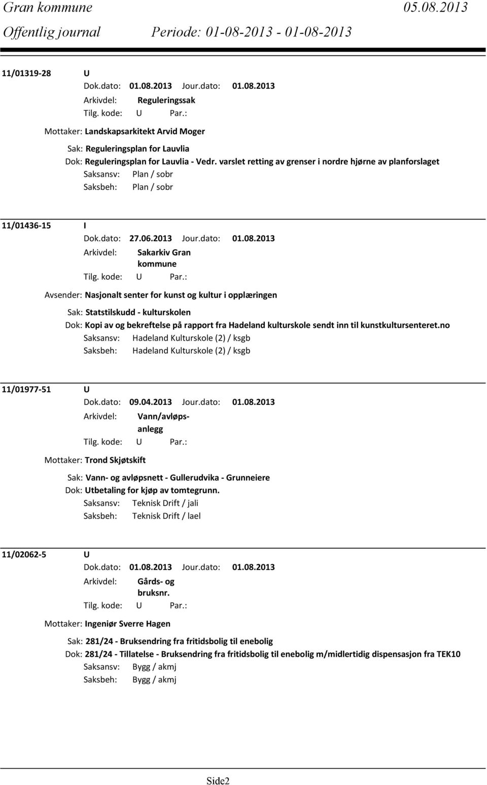 2013 Avsender: Nasjonalt senter for kunst og kultur i opplæringen Sak: Statstilskudd - kulturskolen Dok: Kopi av og bekreftelse på rapport fra Hadeland kulturskole sendt inn til kunstkultursenteret.