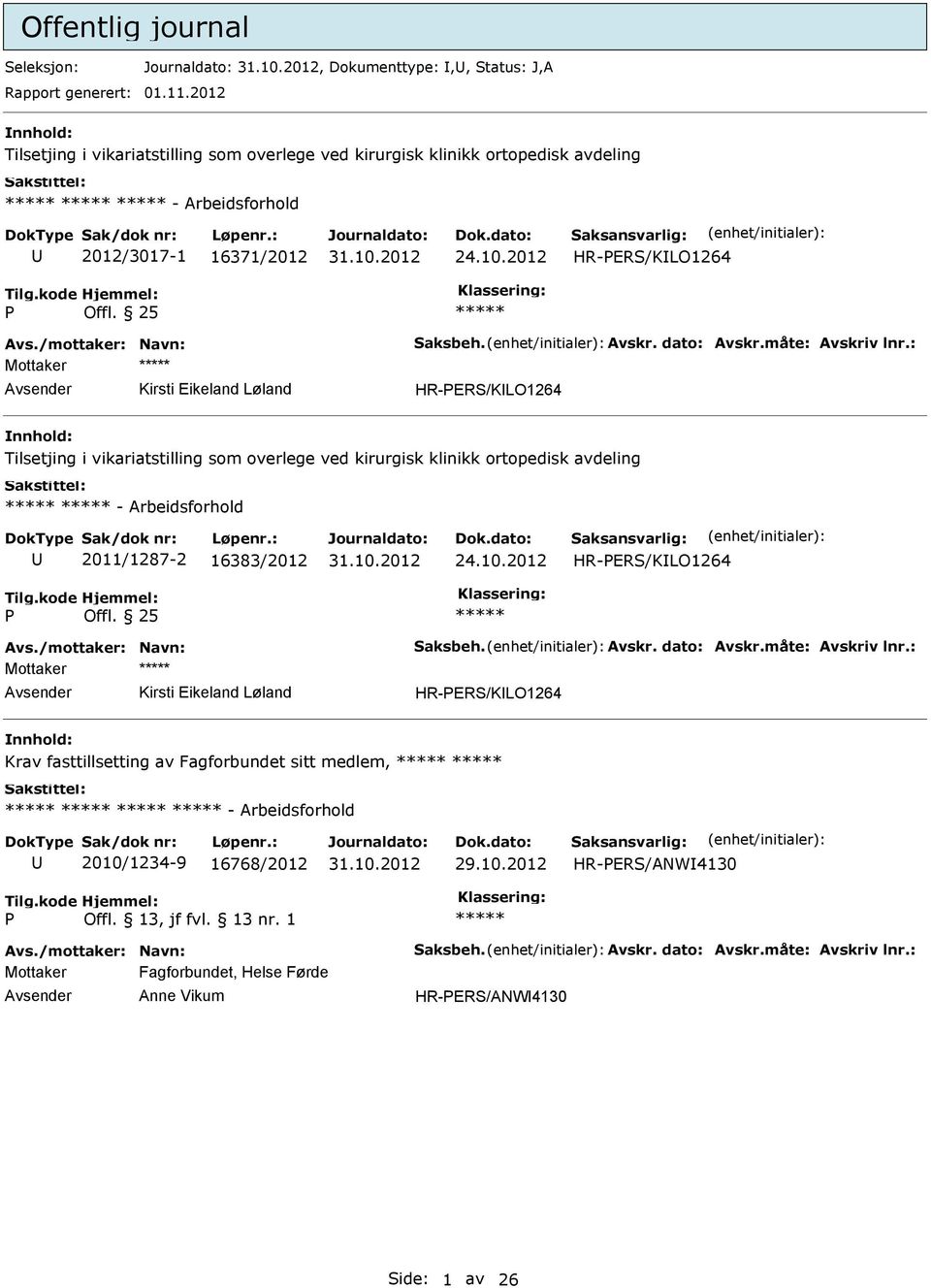 25 ***** Mottaker ***** Kirsti Eikeland Løland HR-ERS/KLO1264 Tilsetjing i vikariatstilling som overlege ved kirurgisk klinikk ortopedisk avdeling ***** ***** - Arbeidsforhold 2011/1287-2