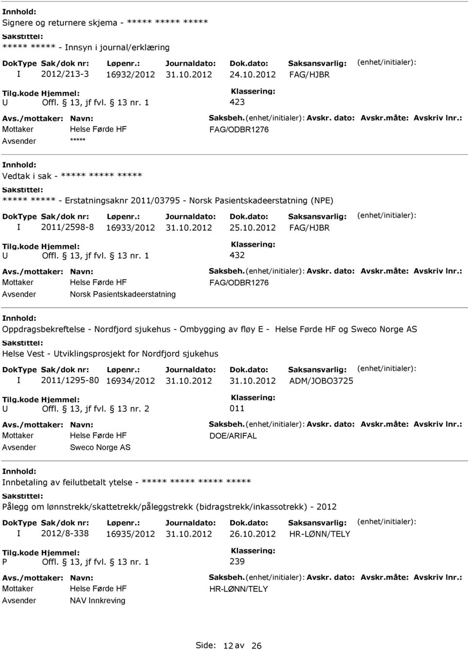 2012 432 Norsk asientskadeerstatning Oppdragsbekreftelse - Nordfjord sjukehus - Ombygging av fløy E - Helse Førde HF og Sweco Norge AS Helse Vest - tviklingsprosjekt for Nordfjord sjukehus