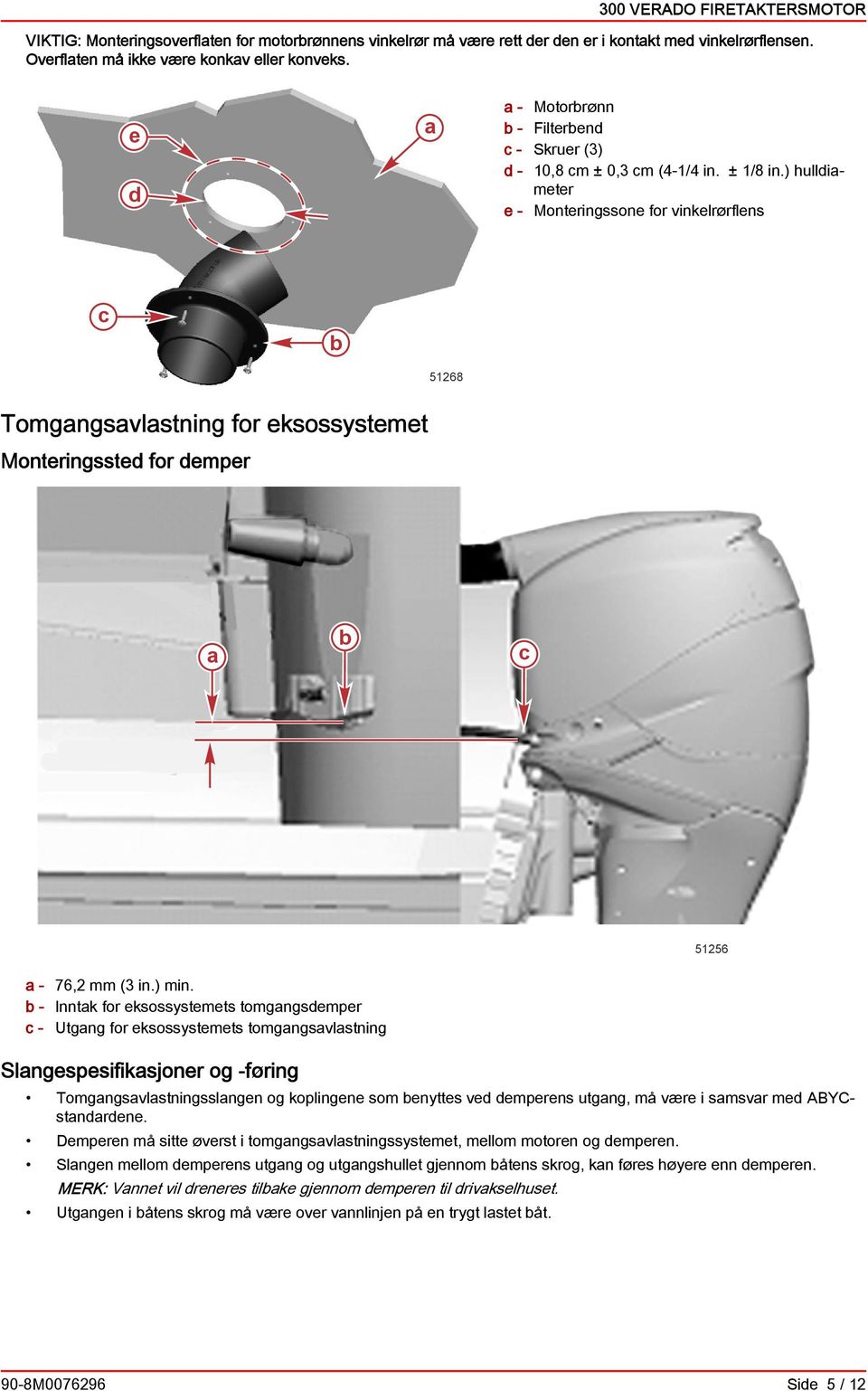 ) hullimeter e - Monteringssone for vinkelrørflens 51268 Tomgngsvlstning for eksossystemet Monteringsste for emper 51256-76,2 mm (3 in.) min.