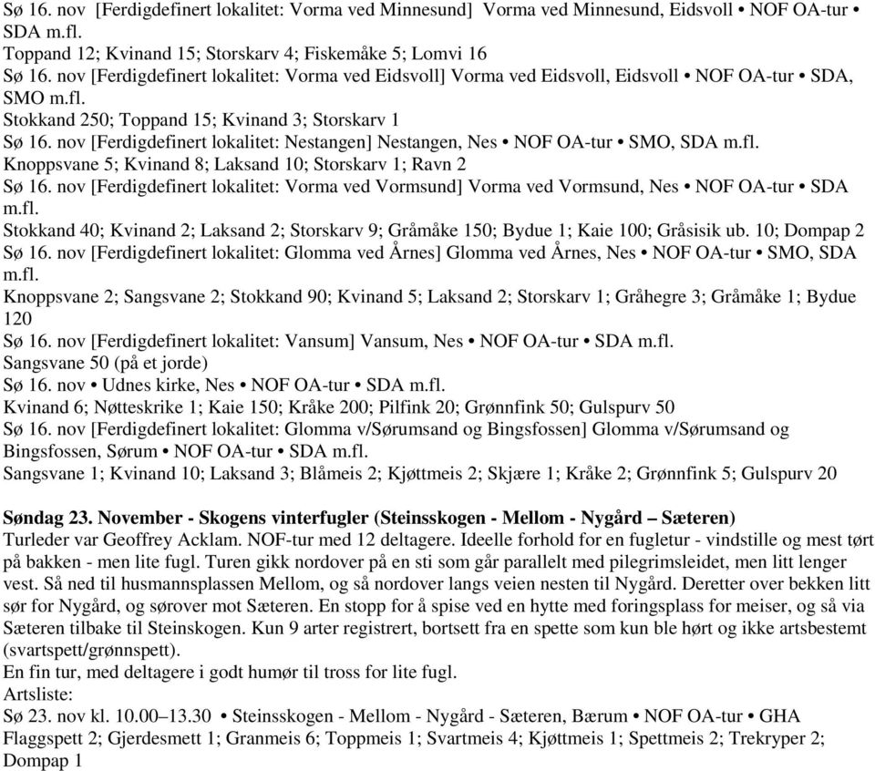 nov [Ferdigdefinert lokalitet: Nestangen] Nestangen, Nes NOF OA-tur SMO, SDA m.fl. Knoppsvane 5; Kvinand 8; Laksand 10; Storskarv 1; Ravn 2 Sø 16.